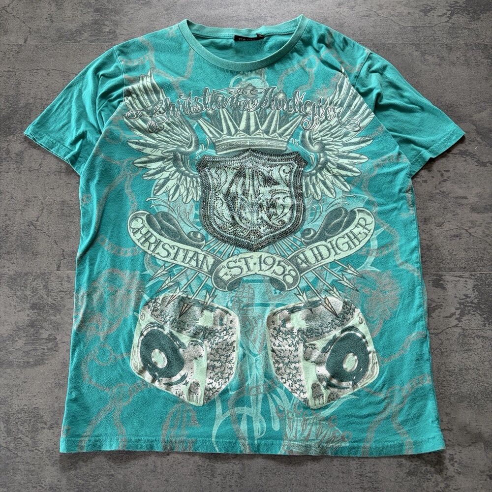 Vintage Y2K Ed Hardy Christian Audigier AOP Graphic Tee Shirt Size XL